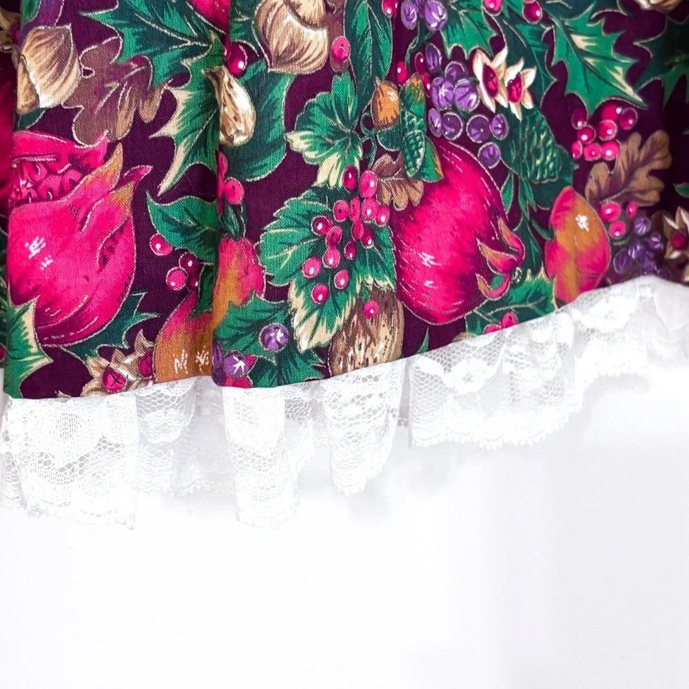 Youngland Traditions‎ Vintage Fruit Print Harvest Dress Girls 8 Burgundy Lace